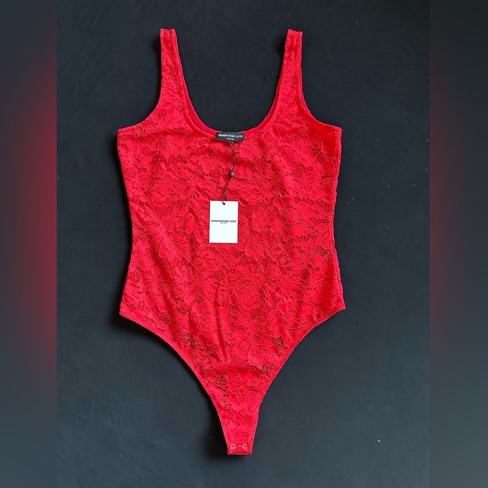 Generation Love Gigi Red Lace Scoop-Neck bodysuit Large Flame new - Picture 5 of 16